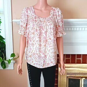 Lucky Brand Floral Smocked Peasant Top S/P Blush Pink Short Puff Sleeves